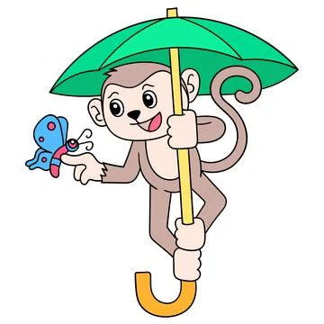 The monkey uses the skydiving parachute to fly, doodle icon image kawaii Stock Illustration