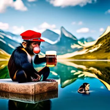 Monkey wearing cap drinking draft beer by a lake Stock Illustration