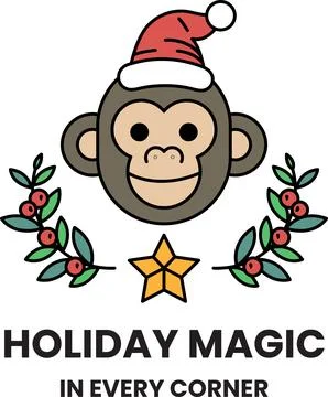 A monkey wearing a hat and smiling with the words Holiday Magic in every corn Stock Illustration