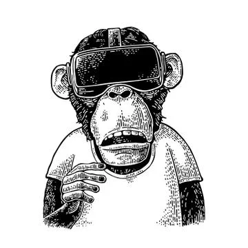 Monkey wearing virtual reality headset and t-shirt. Vintage black engraving Stock Illustration