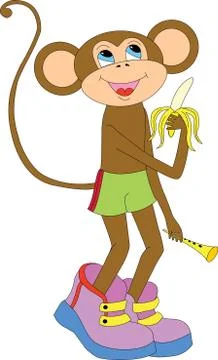 A monkey weighs on a branch and eats a banana Illustrazione stock