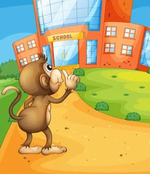 A monkey wondering in front of the school Stock Illustration