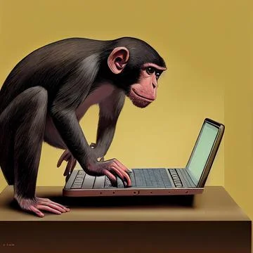 The monkey works at the computer. The monkey works in the office. Monkey Stock Illustration