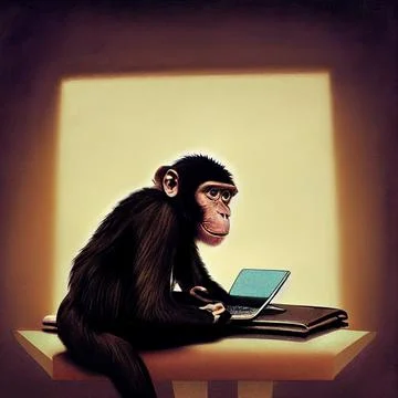 The monkey works at the computer. The monkey works in the office. Monkey Stock Illustration