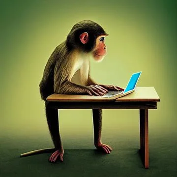The monkey works at the computer. The monkey works in the office. Monkey Stock Illustration