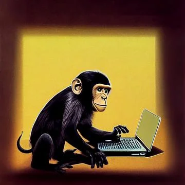 The monkey works at the computer. The monkey works in the office. Monkey Stock Illustration