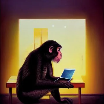 The monkey works at the computer. The monkey works in the office. Monkey Stock Illustration