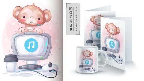 Monkey works at the computer poster and merchandising. Stock Illustration