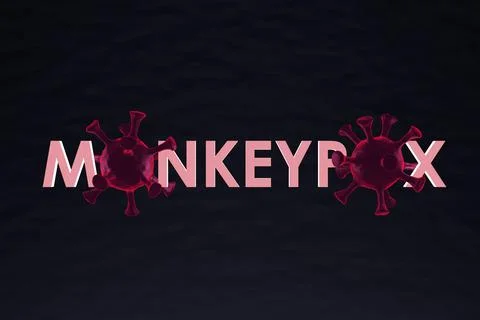 Monkeypox. Lettering with macro virus molecules on a dark background. 3D rend Stock Illustration