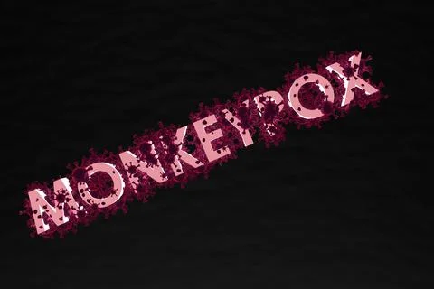 Monkeypox. Lettering with macro virus molecules on a dark background. 3D rend Stock Illustration
