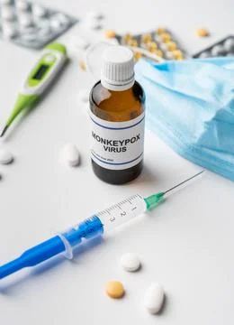 Monkeypox new virus text bottle on white background Stock Photos