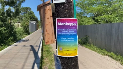 Monkeypox sign displayed at Fire Island on a wood post Stock Footage 200573473