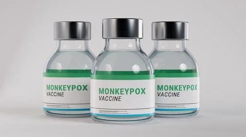 Monkeypox vaccine bottled medicines standing on isolated background. Stock Illustration