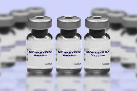 Monkeypox vaccine close-up on a light mirror background. In the background are Stock Photos