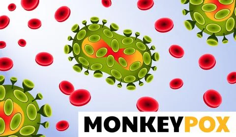 Monkeypox virus background. Monkey Pox molecules banner on blood cells Stock Illustration