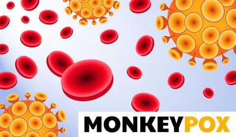 Monkeypox virus banner. Monkey Pox molecules poster on blood cells background. Stock Illustration