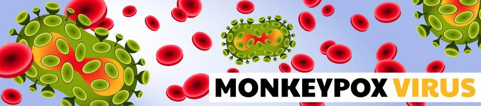 Monkeypox virus cells. Monkey Pox molecules banner on blood cells background. Stock Illustration