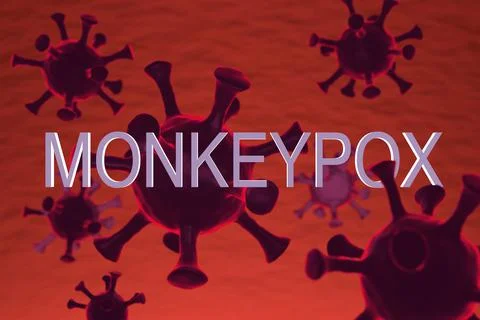 Monkeypox. Virus molecule close-up and the word on a red background. 3D rende Stock Illustration
