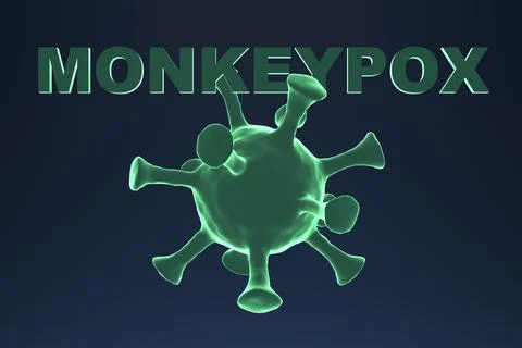 Monkeypox. Virus molecule macro and word on blue background. 3D render. Stock Illustration