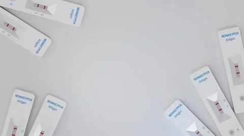 Monkeypox Virus rapid self tests scattered on white background. Illustrazione stock