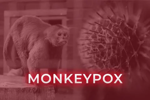 Monkeypox virus. Red background. Outbreak concept. Virus transmitted to humans Stock Photos