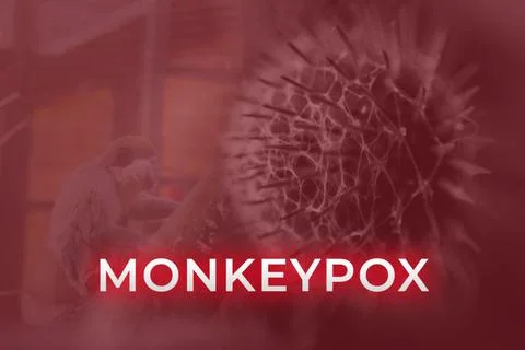 Monkeypox virus. Red background. Outbreak concept. Virus transmitted to human Фото