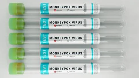 Monkeypox virus test tubes in a row on an isolated white background. Stock Illustration