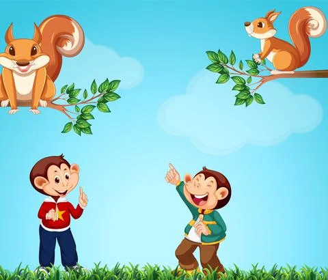 Monkeys and squirrels in the park Stockillustratie