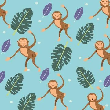 Monkeys animals wild with leafs pattern 스톡 일러스트