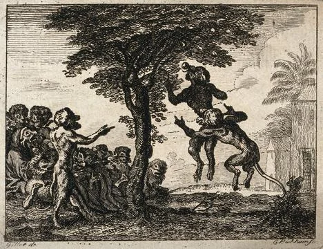Monkeys around a fruit tree spur on two monkeys to jump and catch fruit. Et.. Illustrazione stock