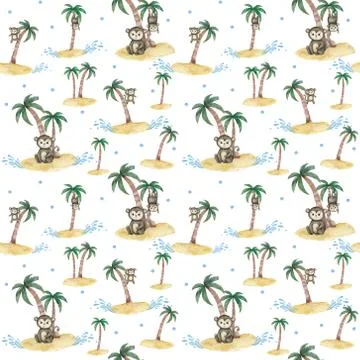 Monkeys climbing coconut tree seamless pattern. Hand drawn illustration on wh Stock Illustration
