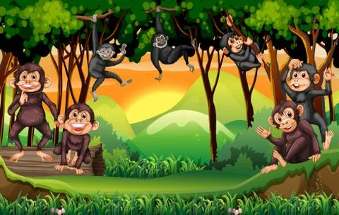 Monkeys climbing tree in the jungle Stock Illustration