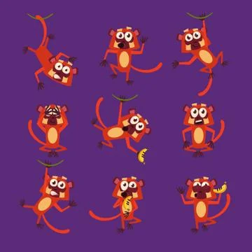 Monkeys in Different Poses, Vector Illustrations Stock Illustration