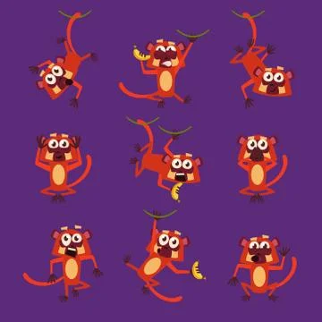 Monkeys in Different Poses, Vector Illustrations Stock Illustration