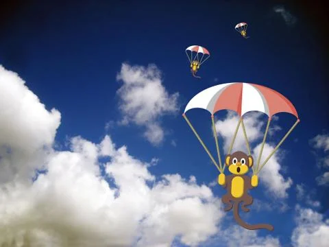 Monkeys with parachutes in the sky Stock Illustration