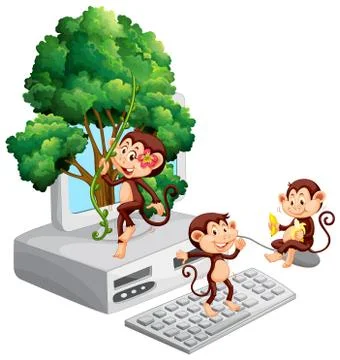 Monkeys playing and eating on computer screen Stock Illustration