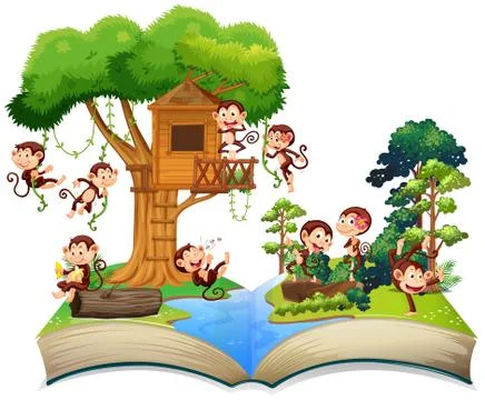 Monkeys playing at the treehouse Illustrazione stock
