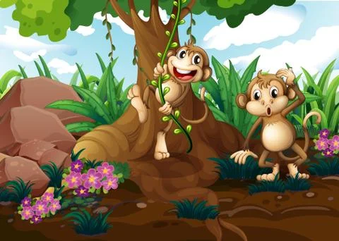 Monkeys playing under the tree Illustrazione stock