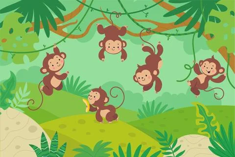 Monkeys in tropical forest. Cartoon monkey hang on vine, jungle wild funny Stock Illustration