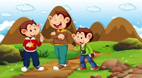 Monkeys walking in park scene Ilustração Stock