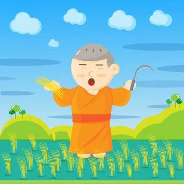 Monks and paddy Stock Illustration