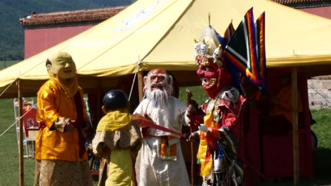 Monks of a Buddhist monastery in Mongolia perform a religious dance. Stock Footage 132250966