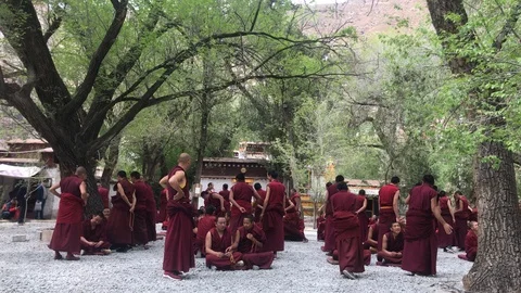 Monks in the debating courtyard at Sera Monastery in Lhasa, Tibet Video stock 112582459