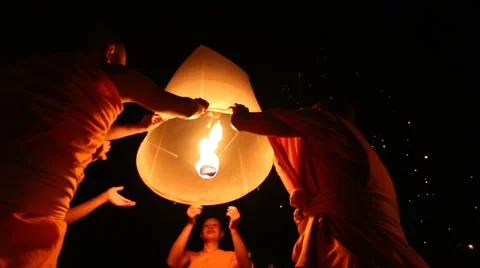 Monks Floating Lantern Up To Sky Stock Footage 44348680