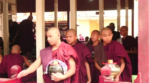 Monks motion after the breakfast closeup Mandalay monastery Stock Footage 61204793