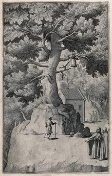 Monks on mount La Verna; bell hung on a tree. Etching by R. Sciaminossi aft.. Stock Illustration