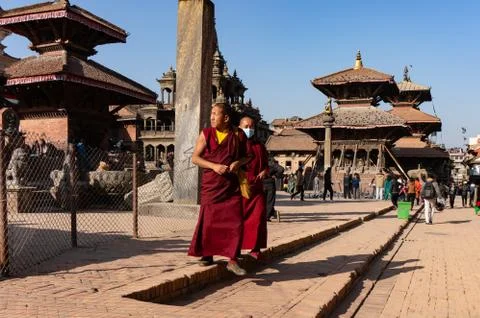 Monks at Patan Durbar Square Stock Photos