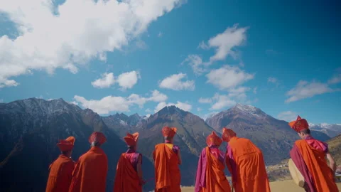 Monks performing ritual on mountain Stock Footage 252217356
