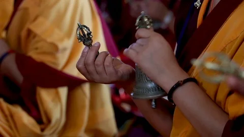 Monks playing the ritual inside a monastery in ladakh Stockbeeldmateriaal 121967554