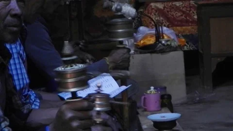 Monks pray in the temple Stock Footage 105748739